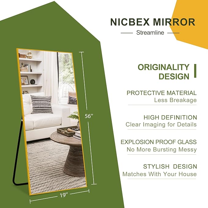 NicBex Full Length Mirror, 56"x19", Aluminum Alloy Frame Full Body Mirror with Stand, Gold - Free Standing, Leaning Against Wall or Wall-Mounted, Best for Bedroom Living Room Dressing Room