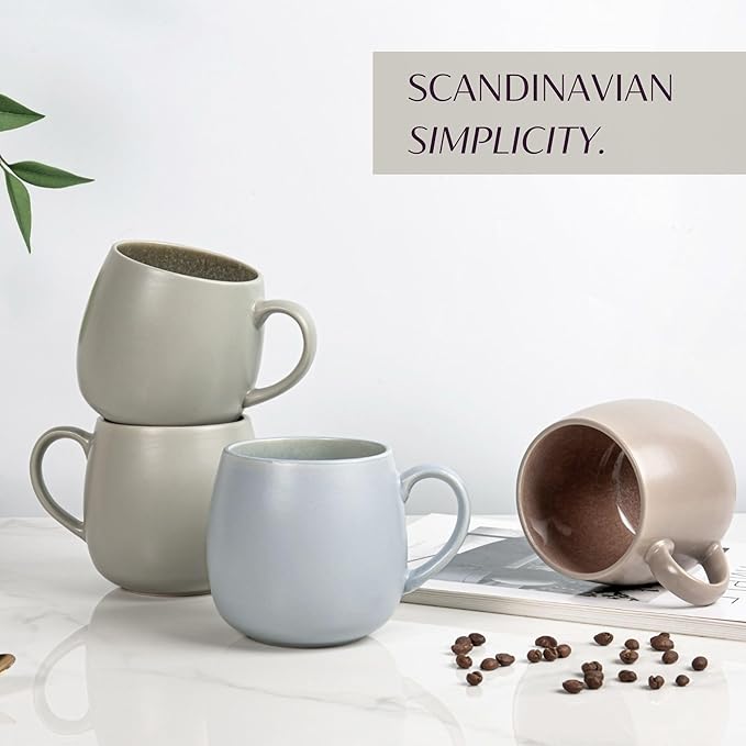 Ceramic Coffee Mugs Set of 6, 14oz - Modern Scandinavian Aesthetic Cup- Microwavable Stoneware Coffee Cups with Comfortable Handle - Tea Mug Set for Latte, Cappuccino, Soup - Soft Sage Green