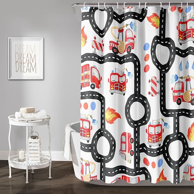 AILONEN Fire Truck Shower Curtain for Boys Bathroom Decor,Firemen Truck Bath Curtain,Construction Truck Printed Kids Curtain,Waterproof with 12 Plastic Hooks, 72" W x 72" H