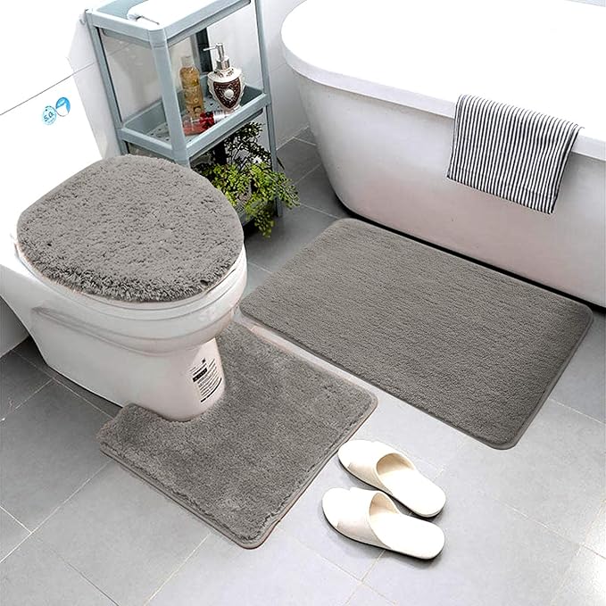 Smart Linen 3 Piece Bathroom Rug Set Includes Bath Rug, Contour Mat and Toilet Lid Cover, Machine Washable, Super Soft Microfiber & Non Slip Bath Rugs with Rubber Backing Solid (Gray)