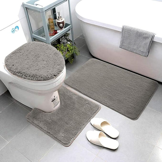 Smart Linen 3 Piece Bathroom Rug Set Includes Bath Rug, Contour Mat and Toilet Lid Cover, Machine Washable, Super Soft Microfiber & Non Slip Bath Rugs with Rubber Backing Solid (Gray)