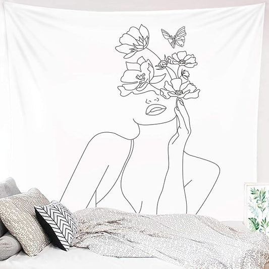 Miytal Art Line Aesthetic Tapestry, Simple Women with Flower Butterfly Wall Hanging, Modern Minimalist Abstract Creative Sketch Wall Décor for Dorm Bedroom Office – 51.2" x 59.1”