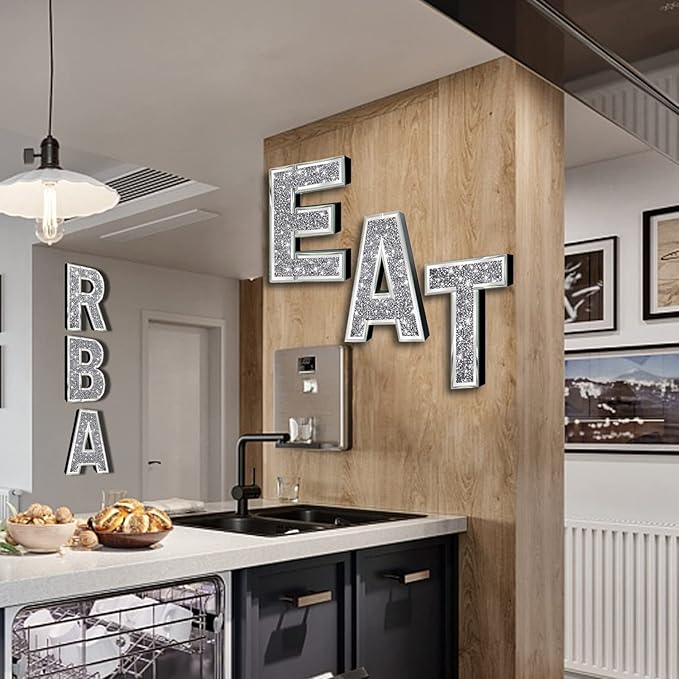 3 pcs Independent Letters EAT.Glam Crystal Diamond Letters.Silver Mirror Glass Home Decoration for Wall, Kitchen,Living Room, Fireplace, Bookshelf and Table.