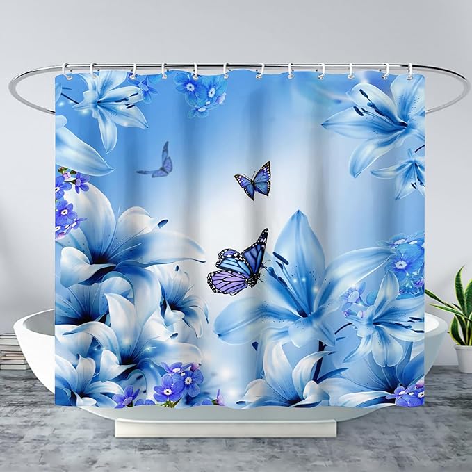 AILONEN Girls Butterfly Shower Curtain for Bathroom,Modern Botanical Floral Tulip Lily Flower Blue Butterfly Decor Bath Curtain 36" W*72" H Polyester Fabric Waterproof Bathroom Curtain with 12 Hooks