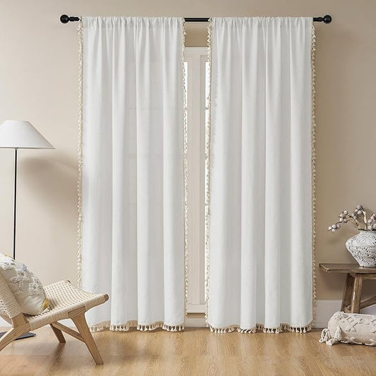 Joydeco White Boho Curtains 96 Inches Long 2 Panels, Super Soft Bohemian Farmhouse Curtains with Tassels, Semi Sheer Light Filtering Drapes for Bedroom Living Room (Rod Pocket, 52Wx96L)