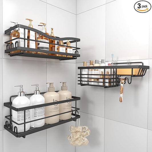 Shower Caddy, 3 Pack Large Capacity Bathroom Organizers and Storage, No Drilling Adhesive Rustproof Shelves with Soap Holder, Home Decor, Black