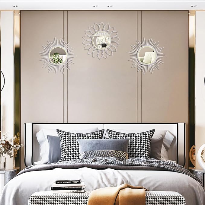 3 Pack Metal Mirrors for Wall Sunburst Wall Mirrors Home Décor Decorative Hanging Wall Art for Living Room Bedroom Entryway (White, Flower+Sunburst)