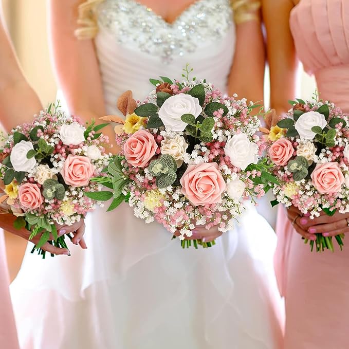N&T NIETING Babys Breath Artificial Flowers Bulk, 15Pcs Fake Gypsophila Bouquet Flowers Real Touch Faux Babies Breath Arrangement for Wedding Floral Party Home Centerpieces Vase Decoration, Pink White