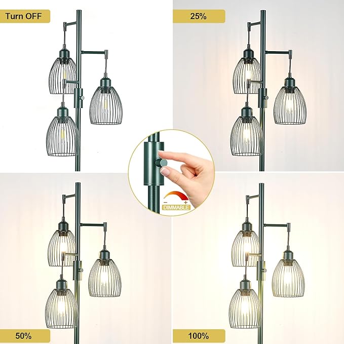 Dimmable Industrial Floor Lamps for Living Room, Green Tree Standing Tall Lamps with 3 Elegant Teardrop Cage Head & 800 Lumens LED Bulbs for Bedroom Office