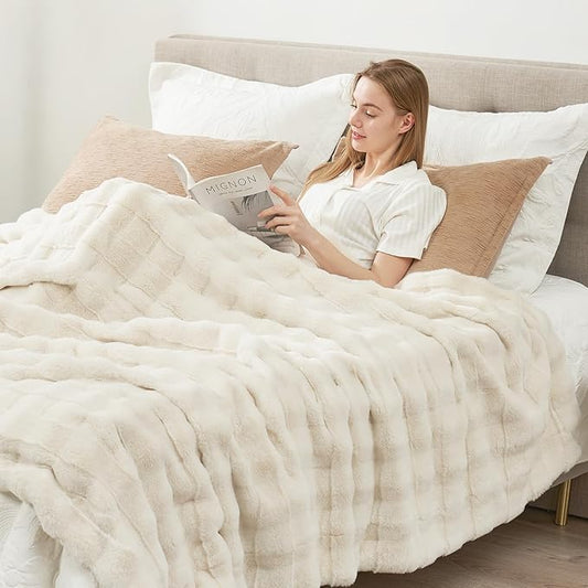 Cozy Bliss Fluffy Faux Fur Throw Blanket for Couch,Lightweight Cozy Soft Cream White Throw Blankets for Sofa Bed Living Room,60x80 Inches