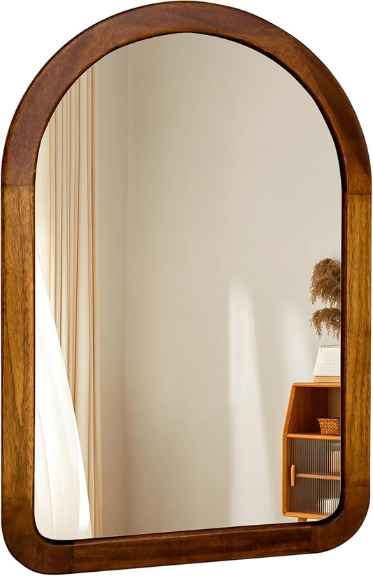 Arched Mirror 22 x 30 Inch,Brown Wood Rustic Bathroom Tempered Wall Mirror with Wood Frame,Round Corner Arch Farmhouse Wooden Vanity Mirror for Living Room,Entryway or Bedroom（Walnut Brown）