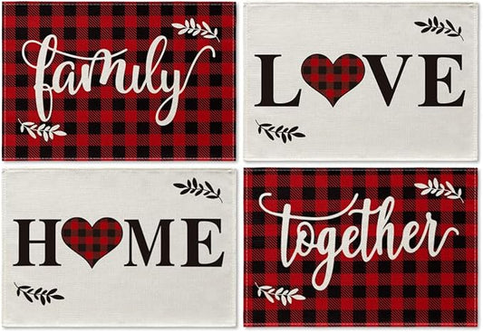 Artoid Mode Placemats for Dining Table Red Buffalo Plaid Love Home Family Together, 12 x 18 Inch Winter Holiday Washable Table Mat Set of 4