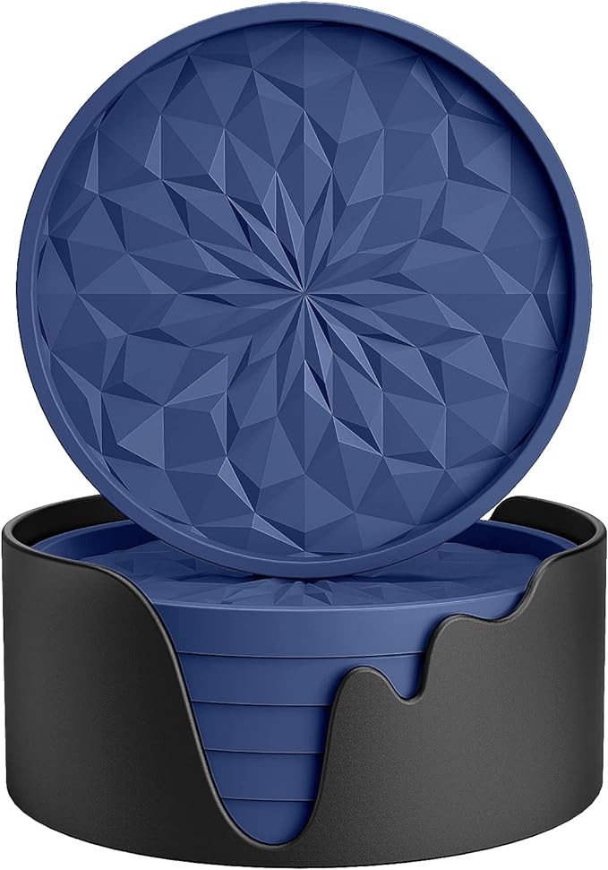 ME.FAN Silicone Coasters with Holder,[6 Pack] Drinking Coasters - Cup Mat for Hot or Cold Drinks, Thickened, Non-Slip, Non-stick,Deep Tray Navy Blue