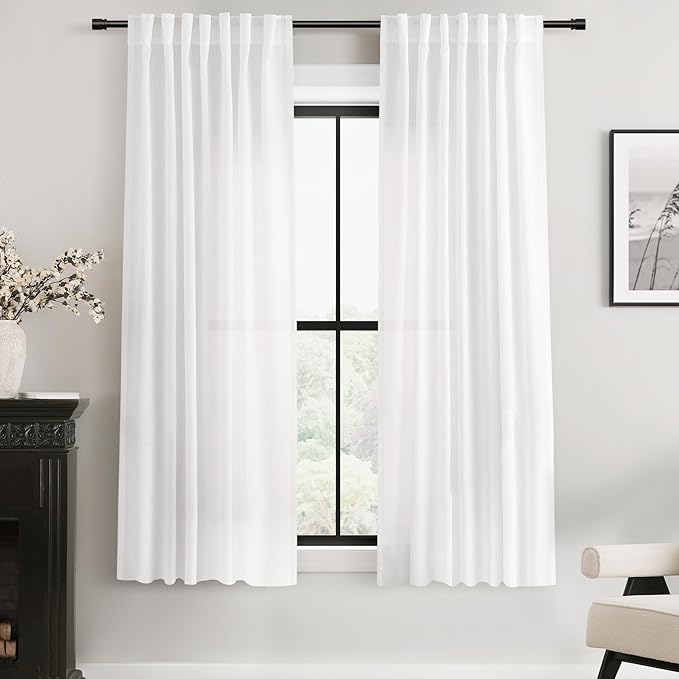 White Linen Curtains 63 inch Length 2 Panel Set for Living Room Back Tab Rod Pocket Semi Sheer Light Filtering Bedroom Window Curtain 63 inch Long Cotton Textured Modern Elegant Coastal Drapes