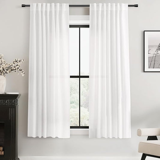 White Linen Curtains 63 inch Length 2 Panel Set for Living Room Back Tab Rod Pocket Semi Sheer Light Filtering Bedroom Window Curtain 63 inch Long Cotton Textured Modern Elegant Coastal Drapes
