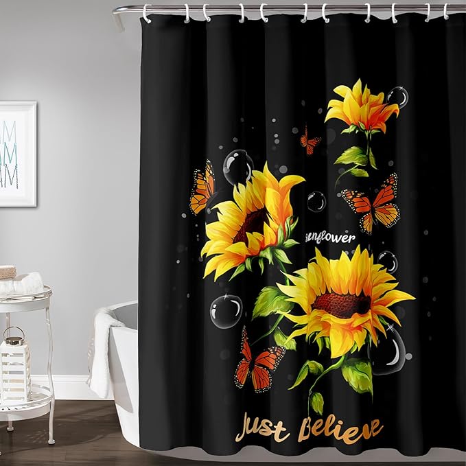 AILONEN Sunflower Shower Curtain for Bathroom,Butterfly Sunflower Bath Curtain Waterproof,Garden Yellow Flower Decor Bathroom Black Curtain with 12 Plastic Hooks, 60" W x 72" H