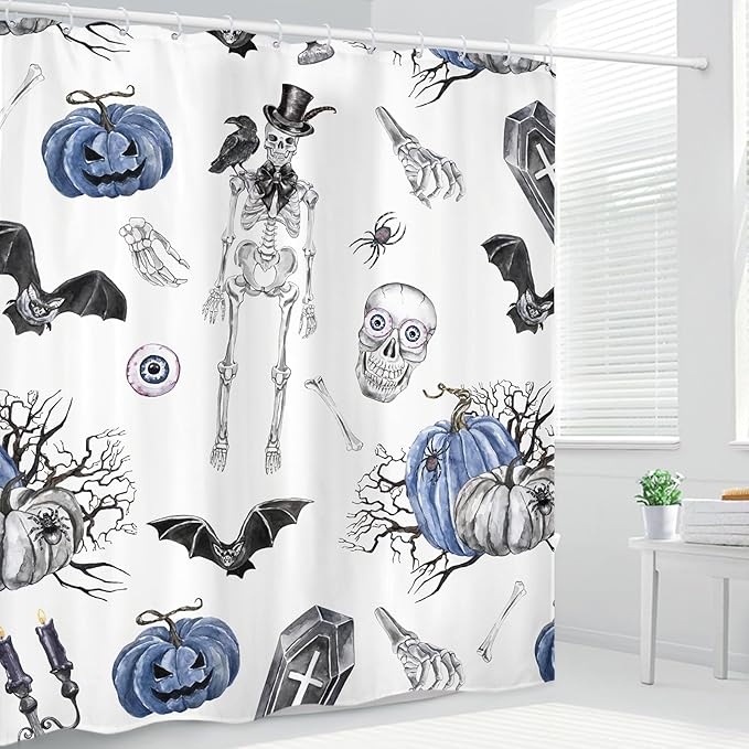 Skull Halloween Bat Shower Curtain 60Wx72L Inch Pumpkin Spooky Scary Skeleton Grave Blue Black Holiday Bathroom Set Accessories Decor Polyester Waterproof with 12 Pack Hooks