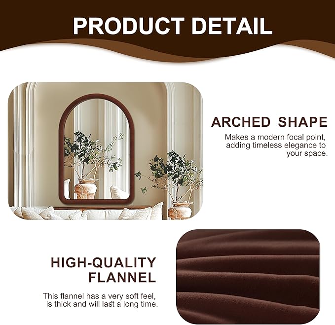 36"x24" Arched Bathroom Mirror, Wall Mounted Vanity Plush Flannel Frame Mirror for Bedroom, Entryway, Living Room, Dark Brown