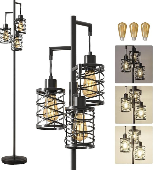 Oneach 68" Industrial Standing Floor Lamp, Stepless Dim Light with 3 Bulbs, Farmhouse & Corner Design, Tall Lamp for Home and Office, Black