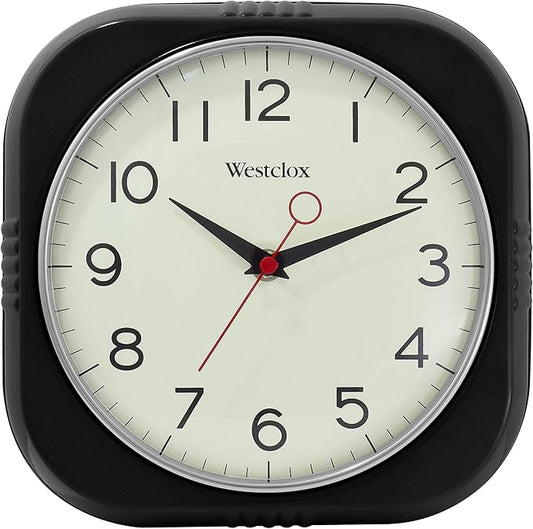 Westclox 1950s Retro Wall Clock – Bold 9.5" Display & Quiet Ticking | Mid-Century Decor for Kitchen & Living Room | Black/Square
