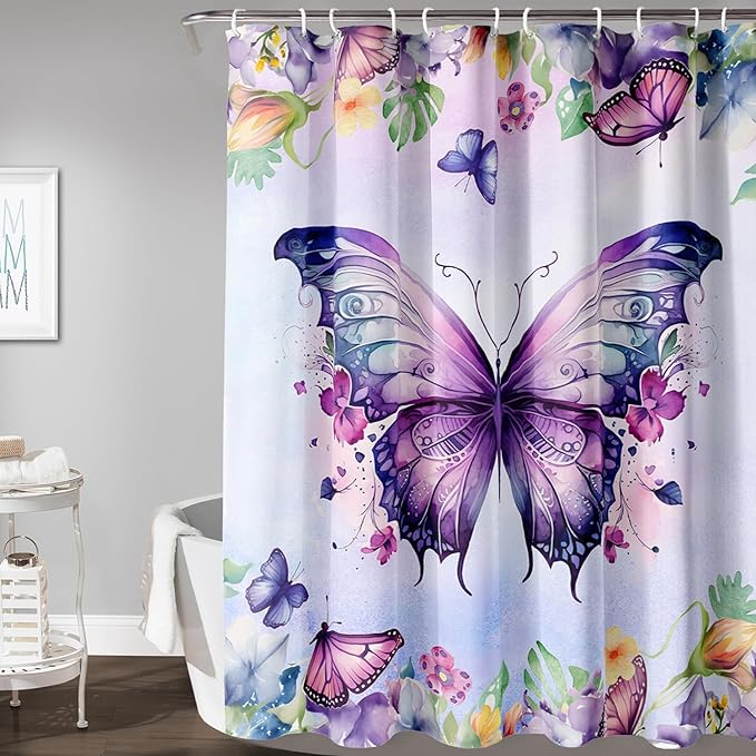 AILONEN Butterfly Shower Curtain for Bathroom, Purple Butterfly Bath Curtain Decor,Modern Printed Waterproof Shower Curtain with 12 Plastic Hooks (Kids/Girls/Women/Teen/) 48" W*72" H