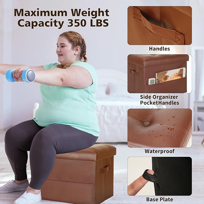 Storage Ottoman Foot Rest Stool. Folding Ottoman with Storage with Thicker Foam Padded Seat. 330 lbs Footstool Bench for Living Room, Bedroom, Home Office Table, 17x13x13in, Light Brown