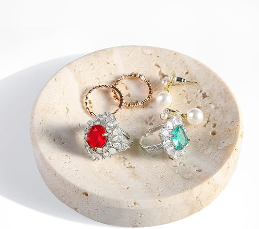 Koville Small Travertine Jewelry Dish, 4" Round Trinket Dish for Ring Necklace Earring, Beige Travertine Soap Dish for Bathroom Kitchen, Natural Stone Small Decorative Dish