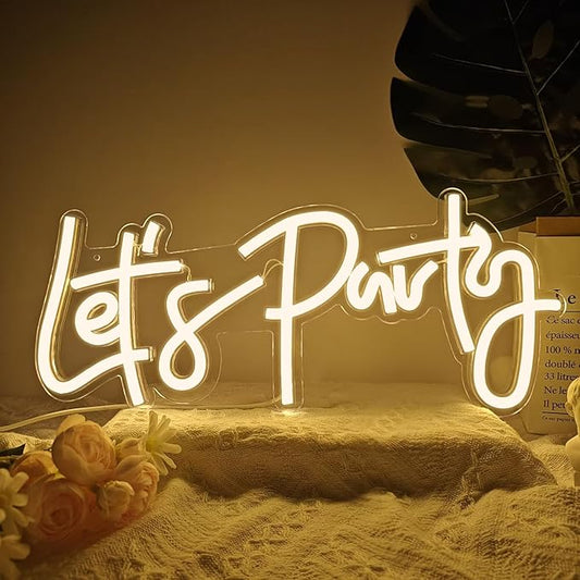 Ajoyferris Let's Party Neon Signs Dimmable Neon Light Sign for Wall Decor 16''x 7'' Word LED Neon Sign Art Decorative Lights for Bachelorette Engagement Party Birthday Wedding Party Warm White
