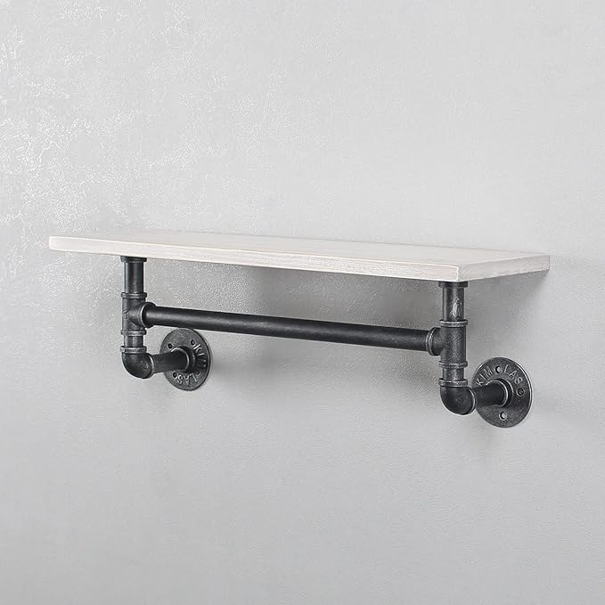 Industrial Pipe Shelving,Iron Pipe Shelves Industrial Bathroom Shelves with Towel bar,24in Rustic Metal Pipe Floating Shelves Pipe Wall Shelf,1 Tier Industrial Shelf Wall Mounted,Retro White