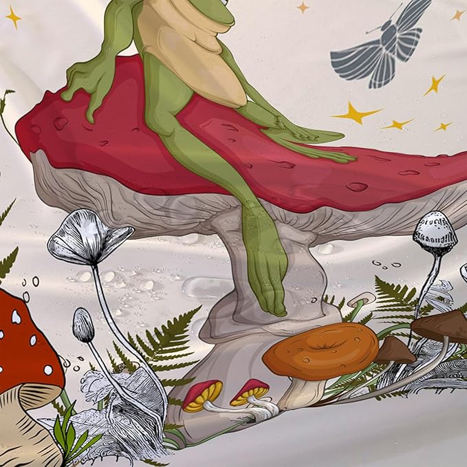 AILONEN Frog Mushroom Shower Curtain Cartoon Animal Wildlife Red Mushroom Boho Aesthetic Minimalist Modern Art Bathroom Decor 36" W*72" H Shower Curtains with 12 Hooks