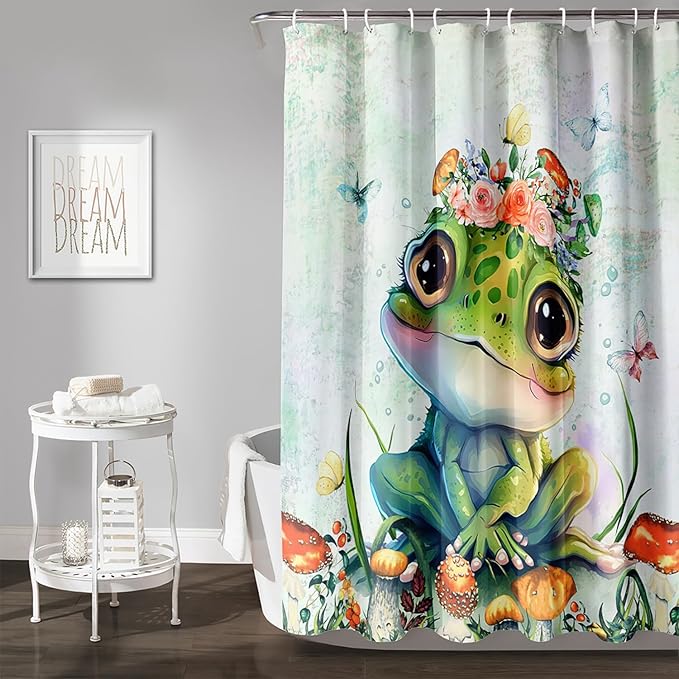 AILONEN Cute Frog Shower Curtain Cartoon Animal Wildlife Frog Cartoon Mushroom Minimalist Modern Art Retro Green Shower Curtain Bathroom Decor Curtains with 12 Hooks 60" W*72" H