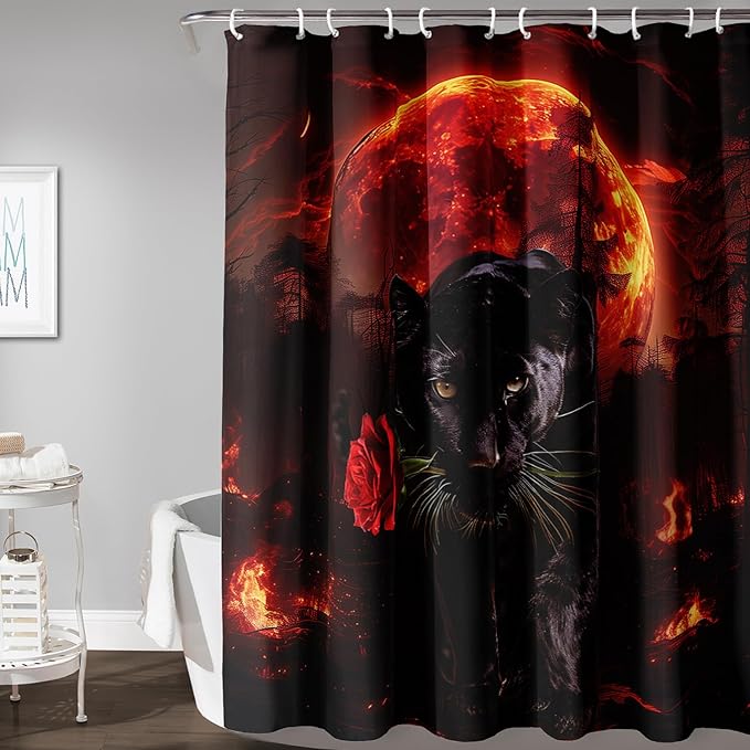AILONEN Black Panther Shower Curtain,Evening Moon Flame Leopard Bath Curtain for Kids Men,Wildlife Animal Polyester Waterproof with 12 Plastic Hooks 60" W*72" H