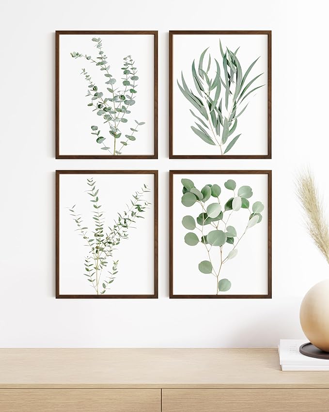 HAUS AND HUES Botanical Plant Wall Art Prints - Set of 4 Plant Wall Decor Prints, Floral Kitchen, Flower Leaves Wall Art, Boho Leaf Eucalyptus Wall Decor, Green Botanical Poster (Walnut Frame, 8x10)