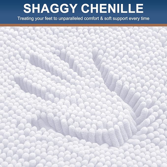 Smiry Luxury Chenille Bathroom Rugs 34x21, Extra Soft and Absorbent Shaggy Bath Mat, Machine Washable, Non-Slip Plush Carpet Runner for Tub, Shower, and Floor, Home Decor Accessories, White
