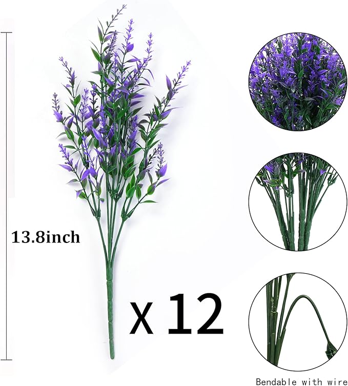 Artificial Flowers, Lavender Fake Flowers 12 Bundles UV Resistant Shrubs Faux Plastic Greenery Plants Hanging Planter Flora Fence Indoor Outside Wedding Indoor Farmhouse Decor (Violet)