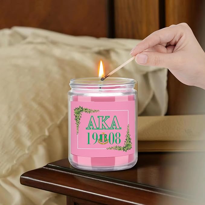 AKA Sorority Gifts,Pink and Green 7oz Scented Candle Sorority Paraphernalia Gifts for Sister Friend,Sorority Scented Home Decor Gift (aka-Leaf)