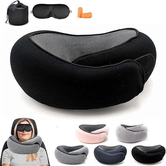 2024 Memory Foam Neck Pillow 360 Degree Neck Support Travel Pillows for Airplanes and Long Flight Travel Neck Pillow (Black)