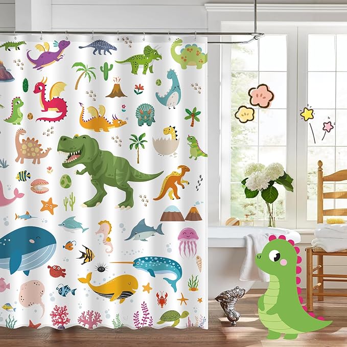 Kids Bathroom Ocean Shower Curtain, Funny Cartoon Dinosaur and Undersea Whale Shower Curtain Set with 12 Hooks, Home Decor Bath Accessories for Boys Girls 72x72 Inches