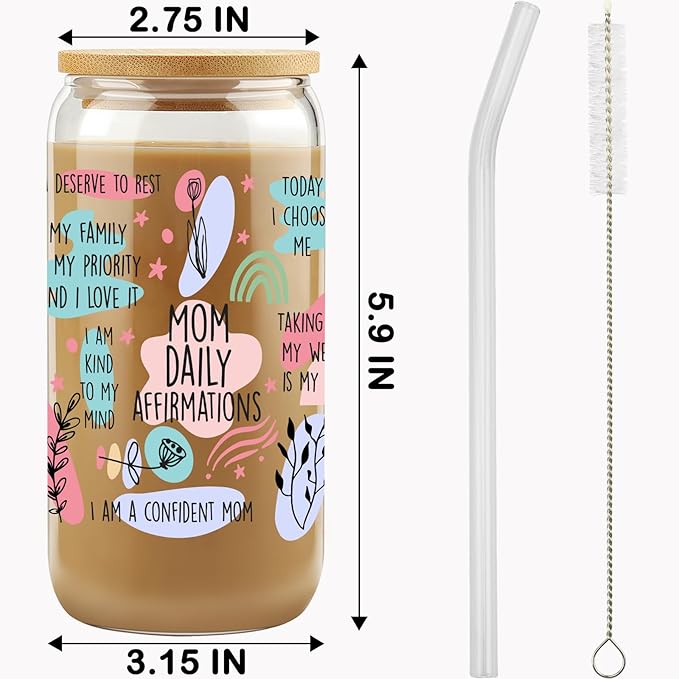 Gifts For Mom - Mom Daily Affirmations Cup for Mother's Day from Daughter, Son - Birthday Gifts For Women, Mama, Stepmom, Her, Wife, Bonusmom, New Mum - 16oz Iced Coffee Glass Cup with Straw Lid
