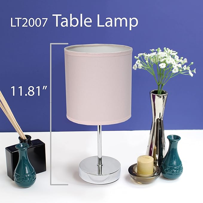 Simple Designs LT2007-BPK Chrome Mini Basic Table Lamp with Fabric Shade, Blush Pink