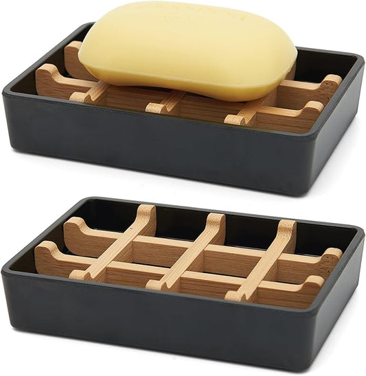 Bamboo Soap Dishes for Shower Wooden Soap Bar Holder for Bathroom Soap Tray Easy to Clean, Durable and with Non-Slip Pads(Single Black Square)