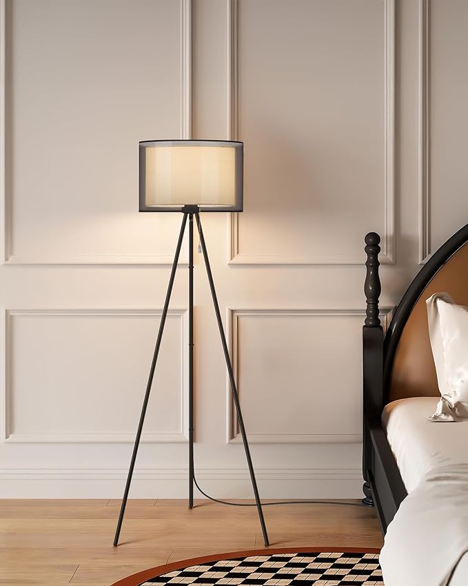KDG Modern Floor Lamp - Tall Tripod Lamp for Living Room, Bedroom, Office; Fabric Shade, LED Bulb, Warm Light (Black)