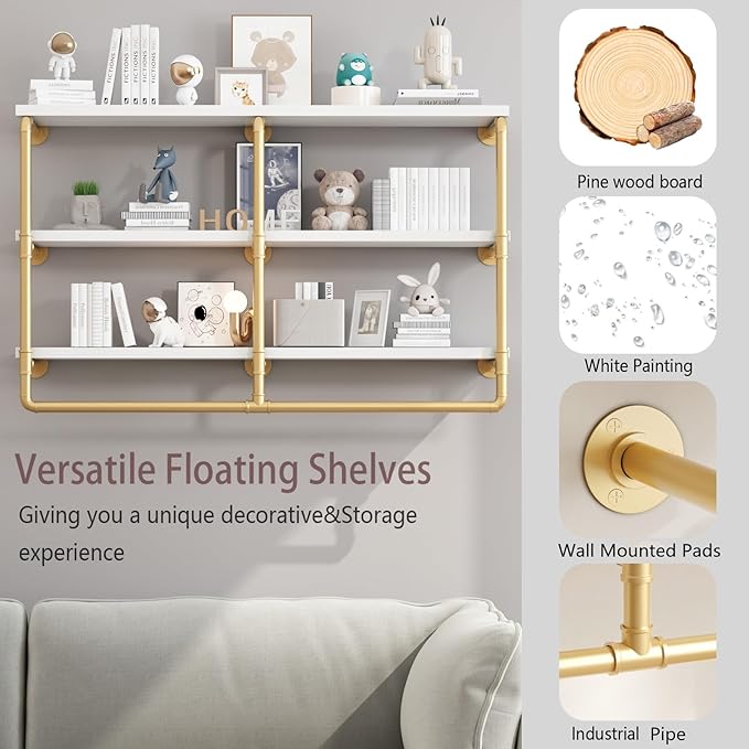 HOMEKAYT 48'' Industrial Pipe Shelving Floating Wall Shelves 3 Tier Gold Shelves Multiple Use for Kitchen, Bedroom,Living Room,Bathroom