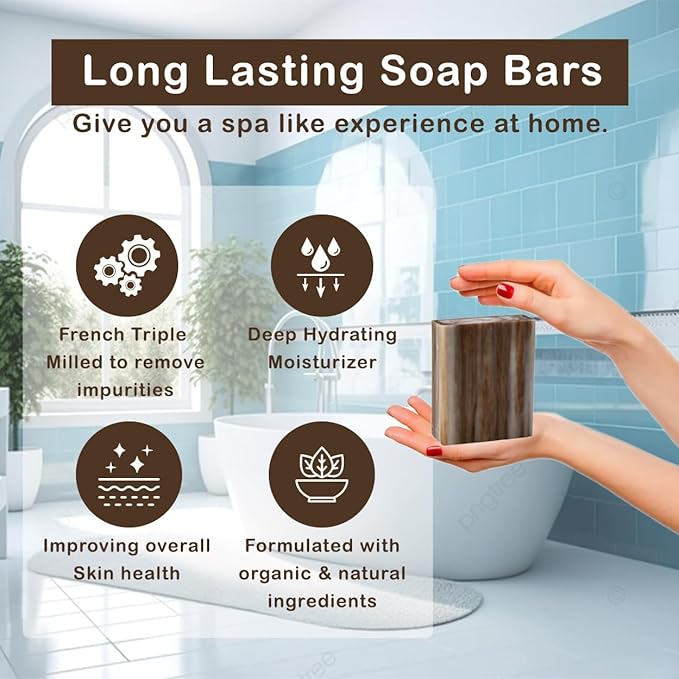 Sandalwood Scented Natural Soap Bars (5 Bars), 3.5oz Moisturizing French Triple Milled Soap Bars Enriched with Shea Butter - Pure Plant Oil Bath & Body