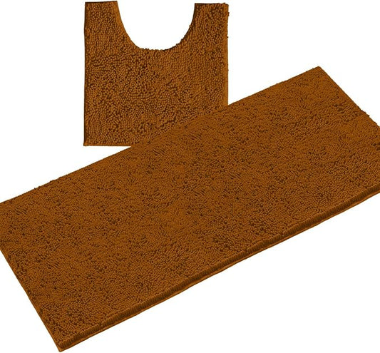 LuxUrux 2-Piece Bathroom Rug Set – Plush Chenille Runner & U-Shaped Toilet Mat, Soft, Absorbent & Non-Slip Design (20x20 U & 27x47 inches, Pumpkin)