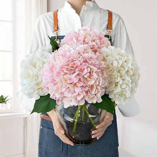 Silk Flowers Hydrangea Artificial Flowers, 4Pcs 22Inch Large Lifelike Faux Flowers, Full Fake Artificial Hydrangeas with Stems for Bouquet Table Centerpieces Home Decoration (White/Pink)