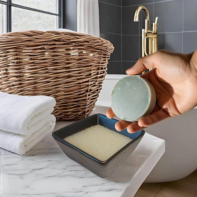Ceramic Soap Dish, Vonpri Soap Holder Tray, Non-Slip Square Soapbox Container for Handmade Bar Bathroom Sink, Countertop, Shower Stone Texture (Black)