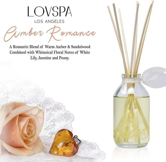 LOVSPA Amber Romance Reed Diffuser Set - Amber, Sandalwood & Floral Scent Diffuser for Home - Non-Toxic Oil Reed Diffuser - Made in The USA