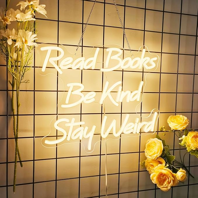 Read Books Be Kind Stay Weird Neon Sign, 15”x13”USB Powered Read Books Neon Signs for Wall Decor Dimmable, Neon Light Sign for Classroom Reading Room Bookstore, Warm White