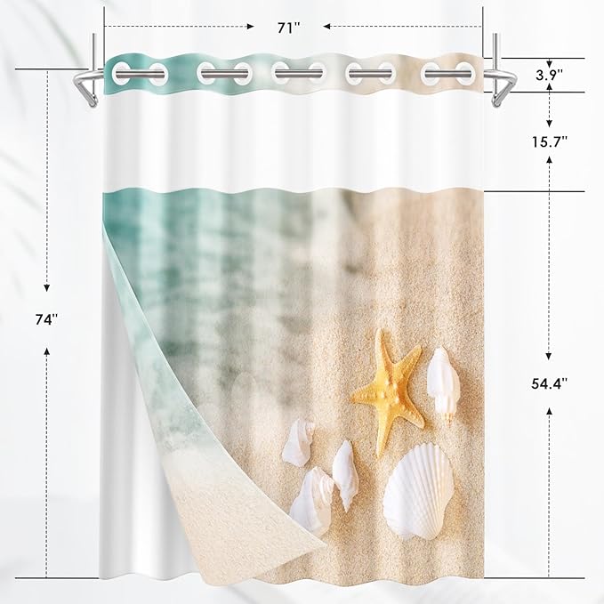 Beach Ocean No Hook Shower Curtain with Snap in Liner, Starfish Shell Sea Bath Curtain with Double Layers Waterproof Fabric and Mesh Top Window 71x74 Inch